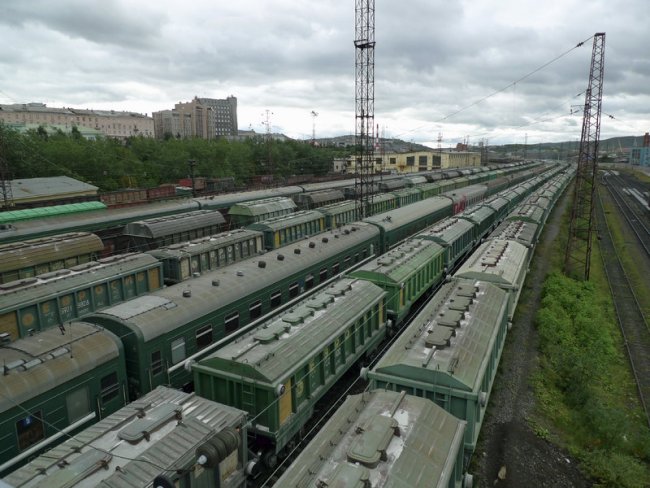 Railway cargo wagons in Murmansk.